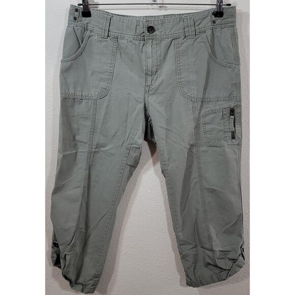 Eddie Bauer Army Green Cropped Pant 12 Roll Tab Button Leg Lightweight Pockets - Picture 1 of 5